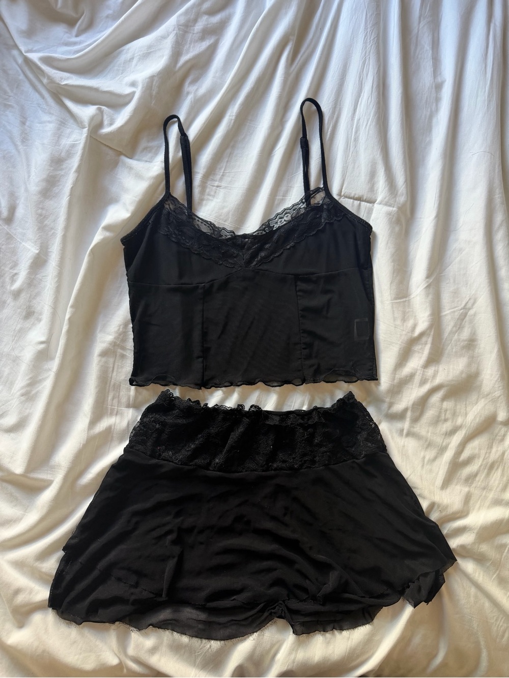 SHEIN Black Lace Trim Mini Skirt and Top Set
